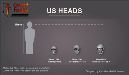 Coveted Forge scale reference: one US Infantry (Steel Helmets) head at 28mm, 32mm and 35mm scale beside a 28mm human silhouette, front three-quarter view, each scale labelled with the ranges it suits; 28mm is the designer's original size, upscaled 32mm and 35mm options are also available; every head style is the same scale.