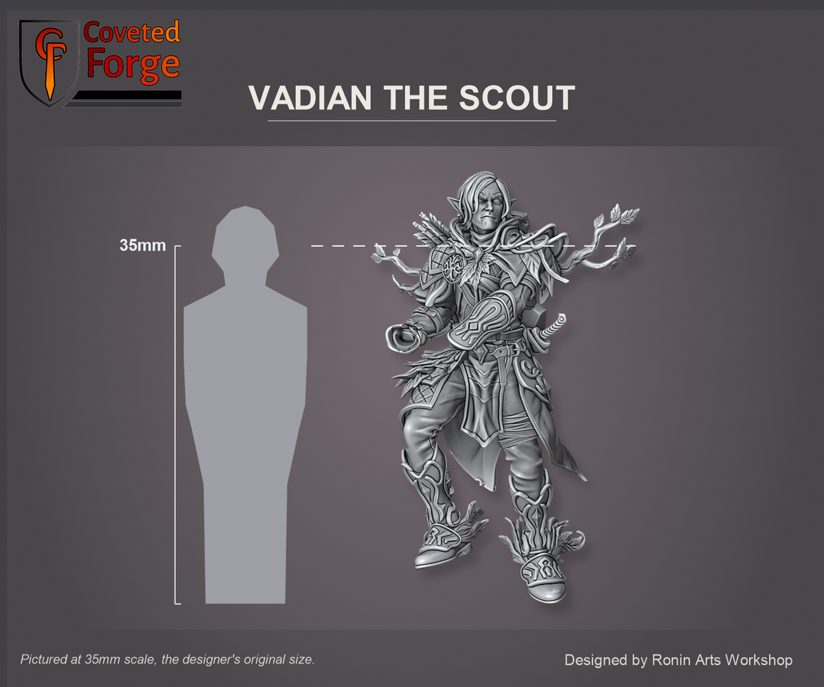 Coveted Forge scale reference: Vadian the Scout's body at 35mm scale, front view, beside a 35mm human silhouette; also offered at 54mm