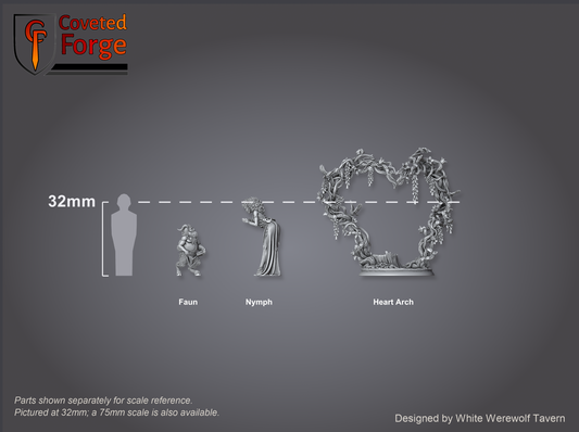 Scale reference: faun, nymph, and heart arch parts at 32mm scale beside a 32mm human silhouette