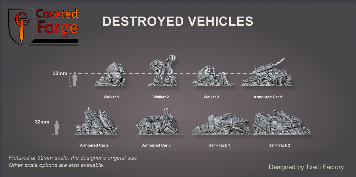 Coveted Forge scale reference: all eight Destroyed Vehicles wrecks at 32mm scale beside a 32mm human silhouette, labelled Walker 1 to Half-Track 2; also offered at 28mm, 15mm and 8mm scale.