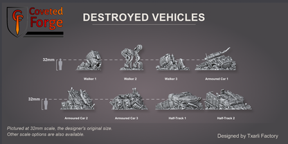 Coveted Forge scale reference: all eight Destroyed Vehicles wrecks at 32mm scale beside a 32mm human silhouette, labelled Walker 1 to Half-Track 2; also offered at 28mm, 15mm and 8mm scale.