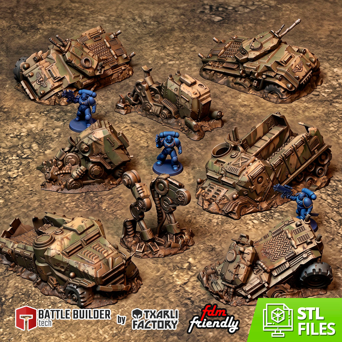 Destroyed Vehicles, eight wrecked sci-fi walkers, armoured cars and half-tracks, 3D printed scatter terrain by Txarli Factory.