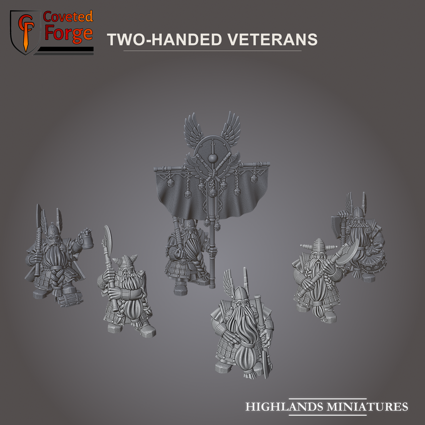 Render of Dwarf Two-Handed Veterans | 32mm Resin | Highlands: Dwarf veterans heft great two-handed blades in heavy armor, with command. 3D printed resin, 32mm. Kings of War, Age of Fantasy, and Old World dwarf proxy.