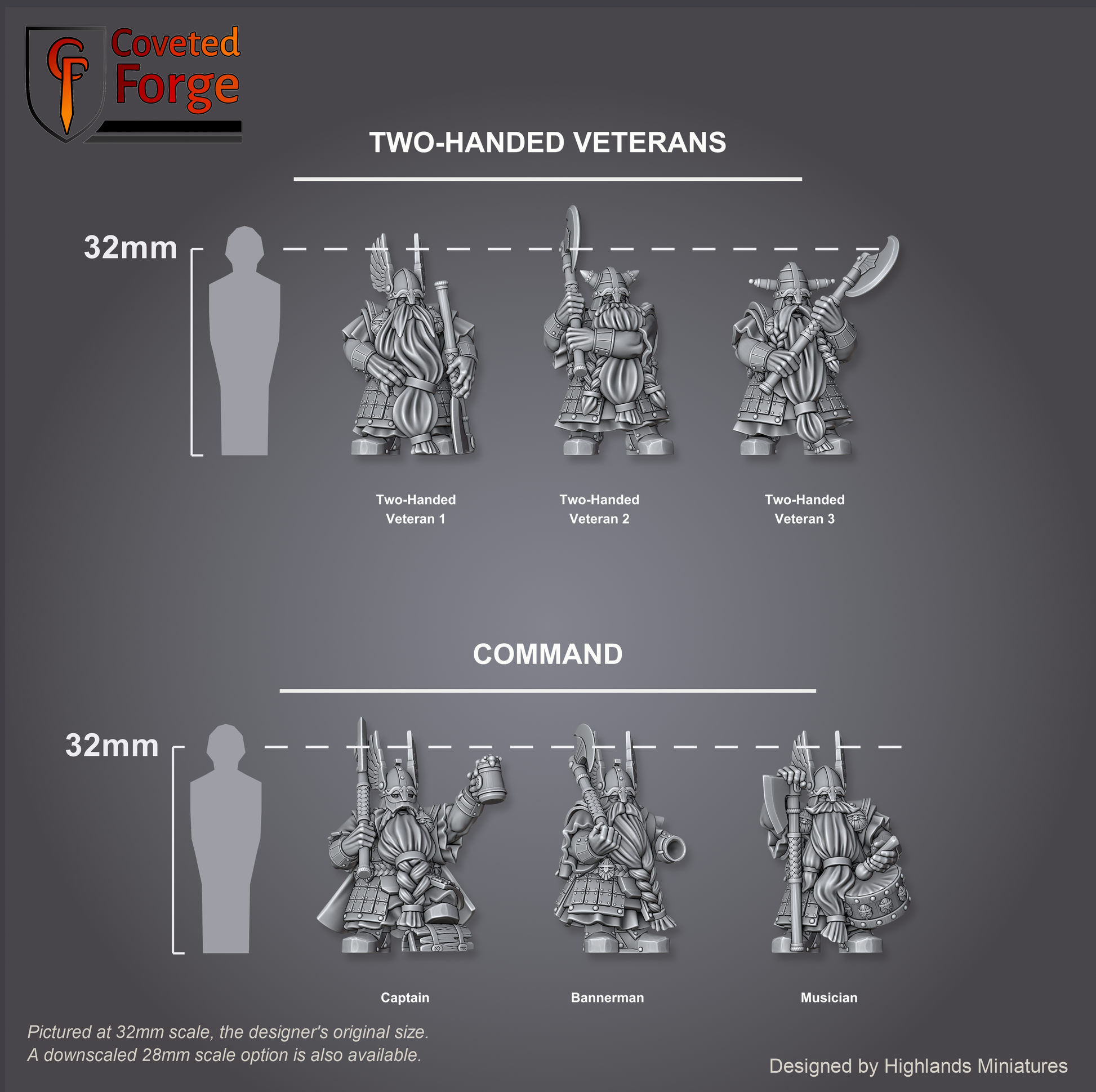 Render of Dwarf Two-Handed Veterans | 32mm Resin | Highlands: Dwarf veterans heft great two-handed blades in heavy armor, with command. 3D printed resin, 32mm. Kings of War, Age of Fantasy, and Old World dwarf proxy.