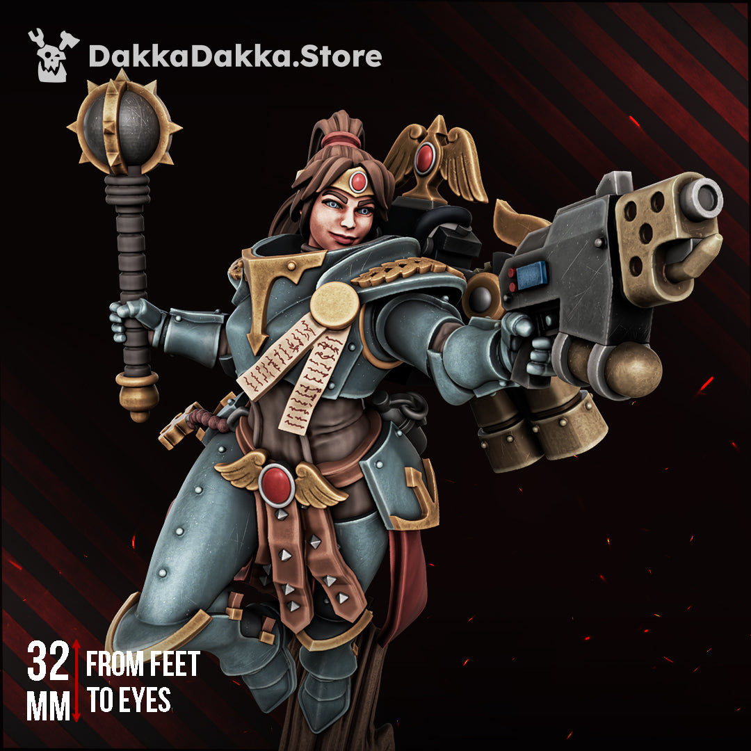 Victoria the Bronze Falconess, close-up with mace and hand flamer, female jump-pack sister hero, sci-fi resin miniature, Dakka Dakka Store render