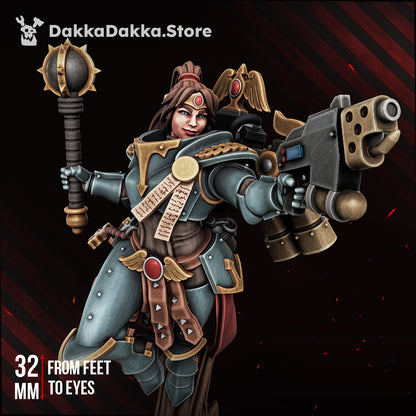 Victoria the Bronze Falconess, close-up with mace and hand flamer, female jump-pack sister hero, sci-fi resin miniature, Dakka Dakka Store render
