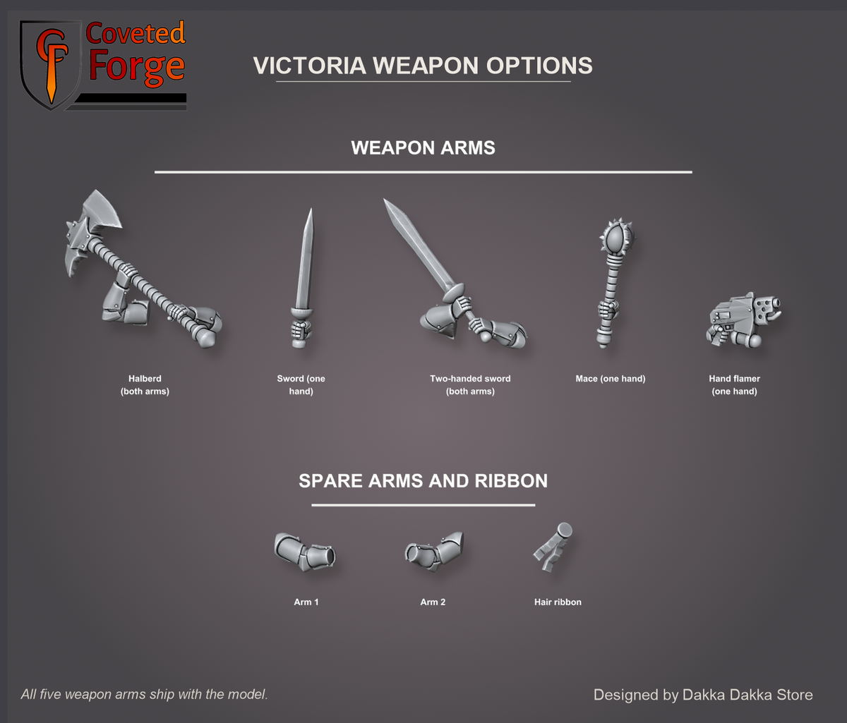Victoria the Bronze Falconess weapon options sheet: halberd, sword, two-handed sword, mace, hand flamer, spare arms and hair ribbon, labelled