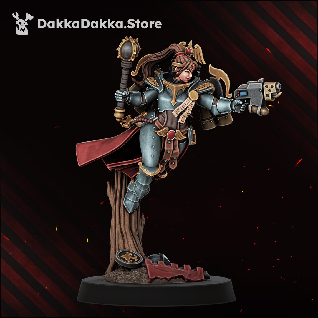 Victoria the Bronze Falconess with mace and hand flamer on her tree-stump base, side view, Dakka Dakka Store render