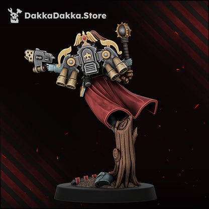 Victoria the Bronze Falconess rear view: winged jump pack, cape and tree-stump base, Dakka Dakka Store render