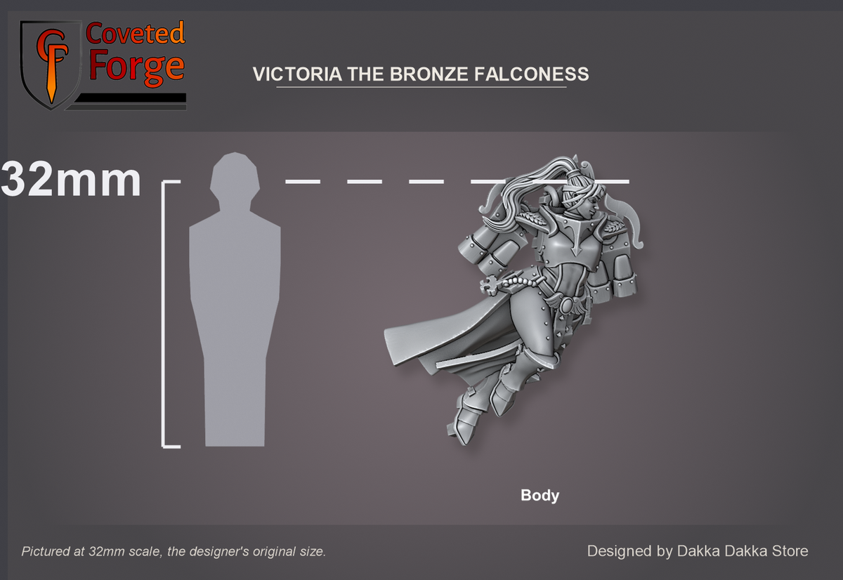 Coveted Forge scale reference: Victoria the Bronze Falconess body beside a 32mm human silhouette