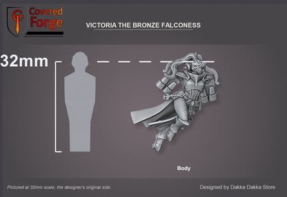 Coveted Forge scale reference: Victoria the Bronze Falconess body beside a 32mm human silhouette