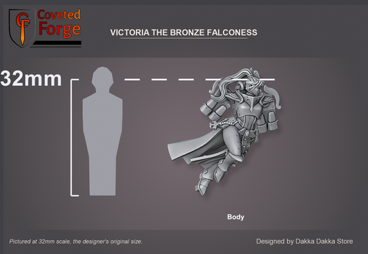 Coveted Forge scale reference: Victoria the Bronze Falconess body beside a 32mm human silhouette