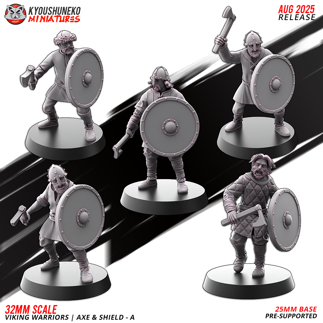 Viking Warriors with Axe and Shield, five sculpts of set A, designer render by Kyoushuneko Miniatures.
