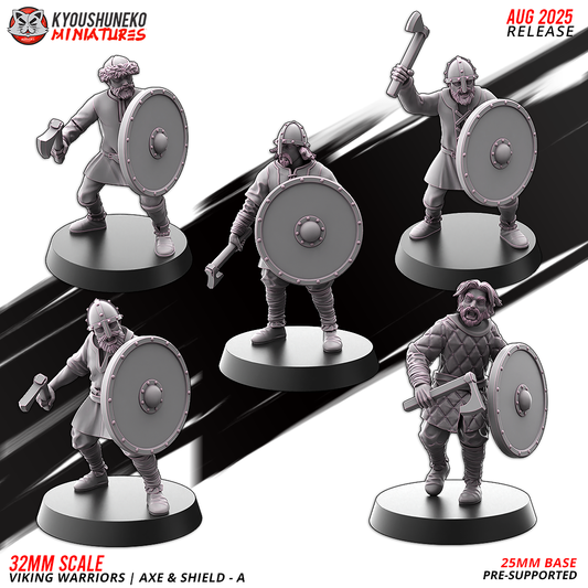 Viking Warriors with Axe and Shield, five sculpts of set A, designer render by Kyoushuneko Miniatures.