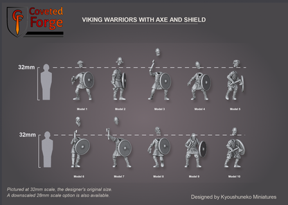 Coveted Forge scale render at 32mm, the original scale, with a 28mm downscale also available: Complete Set shown with every model, Model 1 to Model 10, each labelled, beside a 32mm human silhouette, front three-quarter view; each separate head is floated above its own body, Model 9 has its head sculpted on; axes and shields are part of each body; the base is not shown.