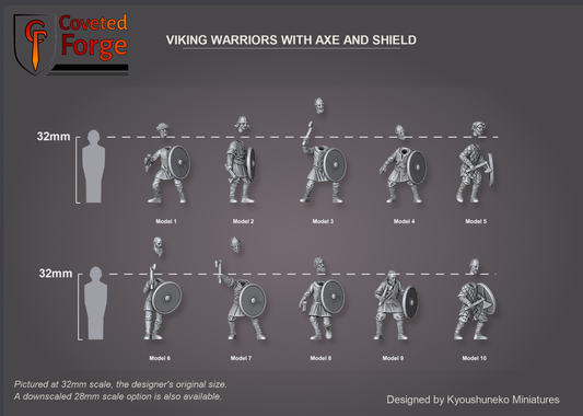 Coveted Forge scale render at 32mm, the original scale, with a 28mm downscale also available: Complete Set shown with every model, Model 1 to Model 10, each labelled, beside a 32mm human silhouette, front three-quarter view; each separate head is floated above its own body, Model 9 has its head sculpted on; axes and shields are part of each body; the base is not shown.