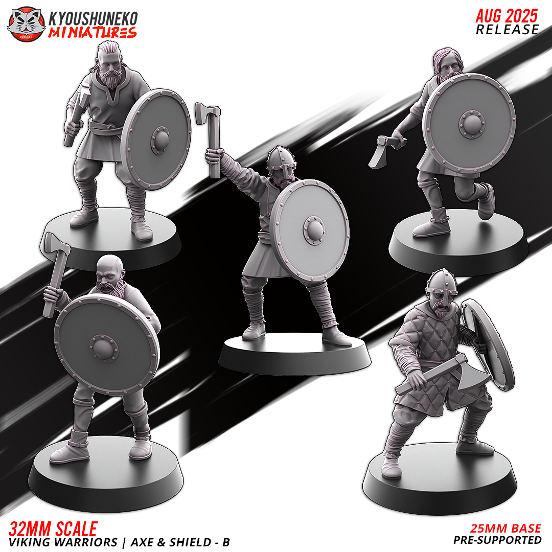 Viking Warriors with Axe and Shield, five sculpts of set B, designer render by Kyoushuneko Miniatures.