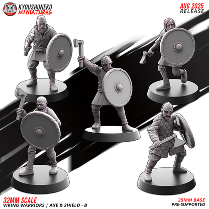 Viking Warriors with Axe and Shield, five sculpts of set B, designer render by Kyoushuneko Miniatures.