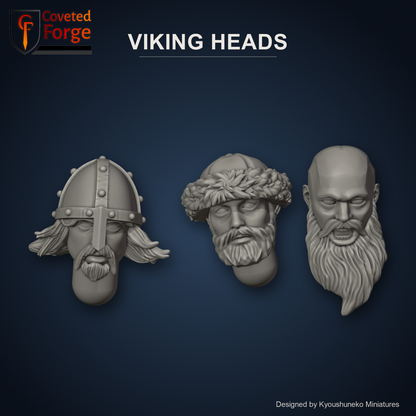 Viking Heads by Kyoushuneko Miniatures: three unpainted 3D-printed resin Viking heads shown as a Coveted Forge render in light clay on a dark blue backdrop: a nasal-helmed warrior with flowing hair, a bearded chieftain in a leaf wreath and a bald elder with a long flowing beard; kitbash heads for 28mm, 32mm and 35mm Dark Age and Norse tabletop wargaming miniatures.