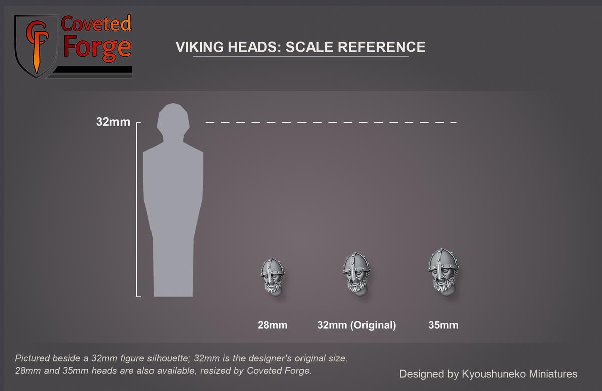 Coveted Forge scale reference: one Viking head at 28mm, 32mm and 35mm scale beside a 32mm figure silhouette, front view; 32mm is the designer's original size, with a 28mm downscale and a 35mm upscale also available, resized by Coveted Forge; the head measures about 7, 8 and 9 mm tall at those scales.