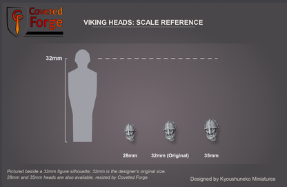 Coveted Forge scale reference: one Viking head at 28mm, 32mm and 35mm scale beside a 32mm figure silhouette, front view; 32mm is the designer's original size, with a 28mm downscale and a 35mm upscale also available, resized by Coveted Forge; the head measures about 7, 8 and 9 mm tall at those scales.