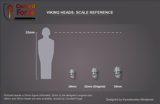 Coveted Forge scale reference: one Viking head at 28mm, 32mm and 35mm scale beside a 32mm figure silhouette, front view; 32mm is the designer's original size, with a 28mm downscale and a 35mm upscale also available, resized by Coveted Forge; the head measures about 7, 8 and 9 mm tall at those scales.