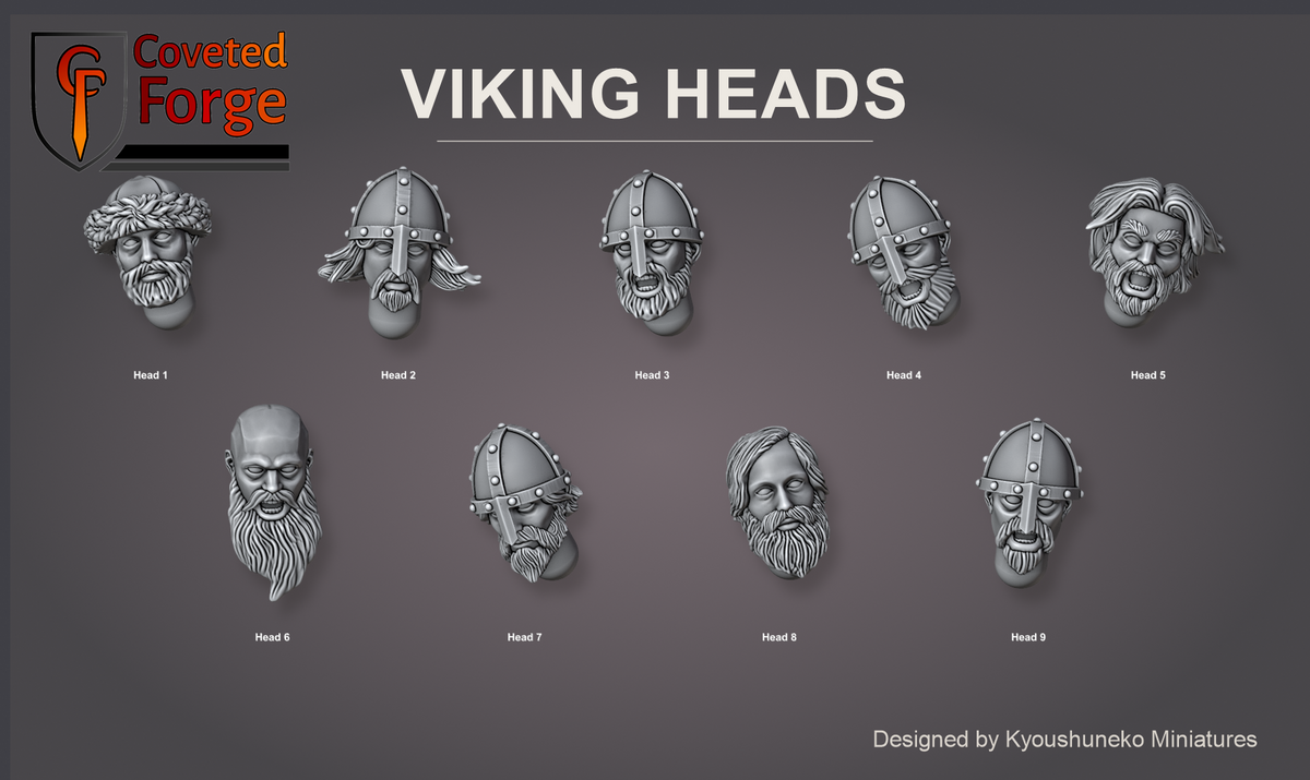 Coveted Forge bits sheet: Heads (1 of 1), Viking heads numbered Head 1 to Head 9, face-on, for reference; Assorted packs are a random mix of that quantity from all nine heads.