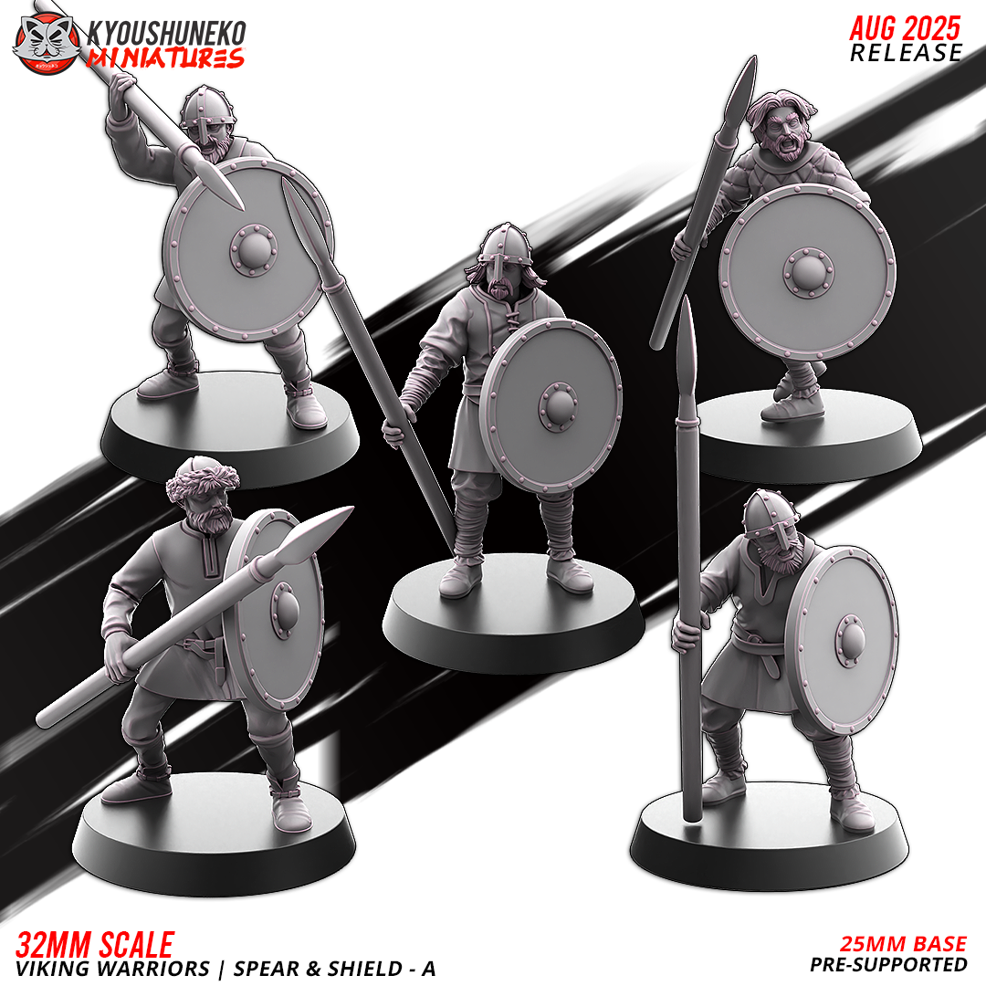 Viking Warriors with Spear and Shield, five sculpts of set A, designer render by Kyoushuneko Miniatures.