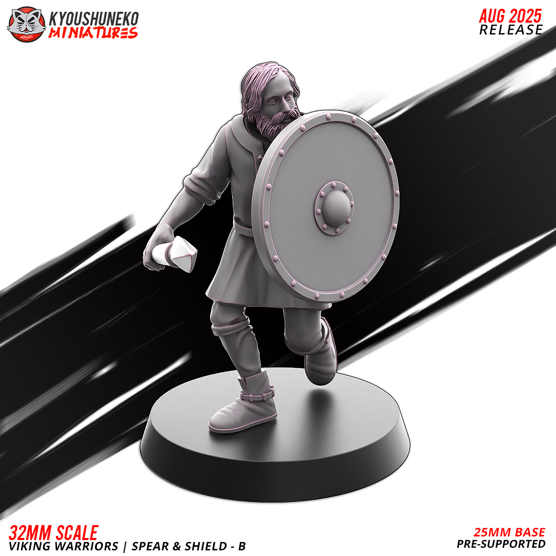 Viking Warriors with Spear and Shield Model 8, front view with the spear pointed at the viewer so it reads end-on, designer render by Kyoushuneko Miniatures.