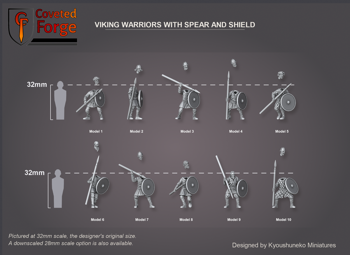 Coveted Forge scale render at 32mm, the original scale, with a 28mm downscale also available: Complete Set shown with every model, Model 1 to Model 10, each labelled, beside a 32mm human silhouette, front three-quarter view; each separate head is floated above its own body, Model 9 has its head sculpted on; spears and shields are part of each body; the base is not shown.