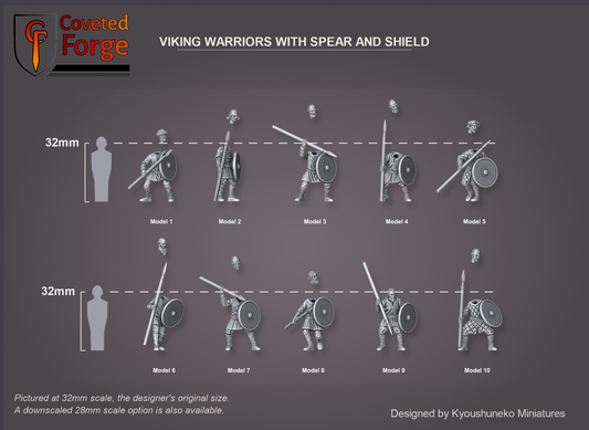 Coveted Forge scale render at 32mm, the original scale, with a 28mm downscale also available: Complete Set shown with every model, Model 1 to Model 10, each labelled, beside a 32mm human silhouette, front three-quarter view; each separate head is floated above its own body, Model 9 has its head sculpted on; spears and shields are part of each body; the base is not shown.