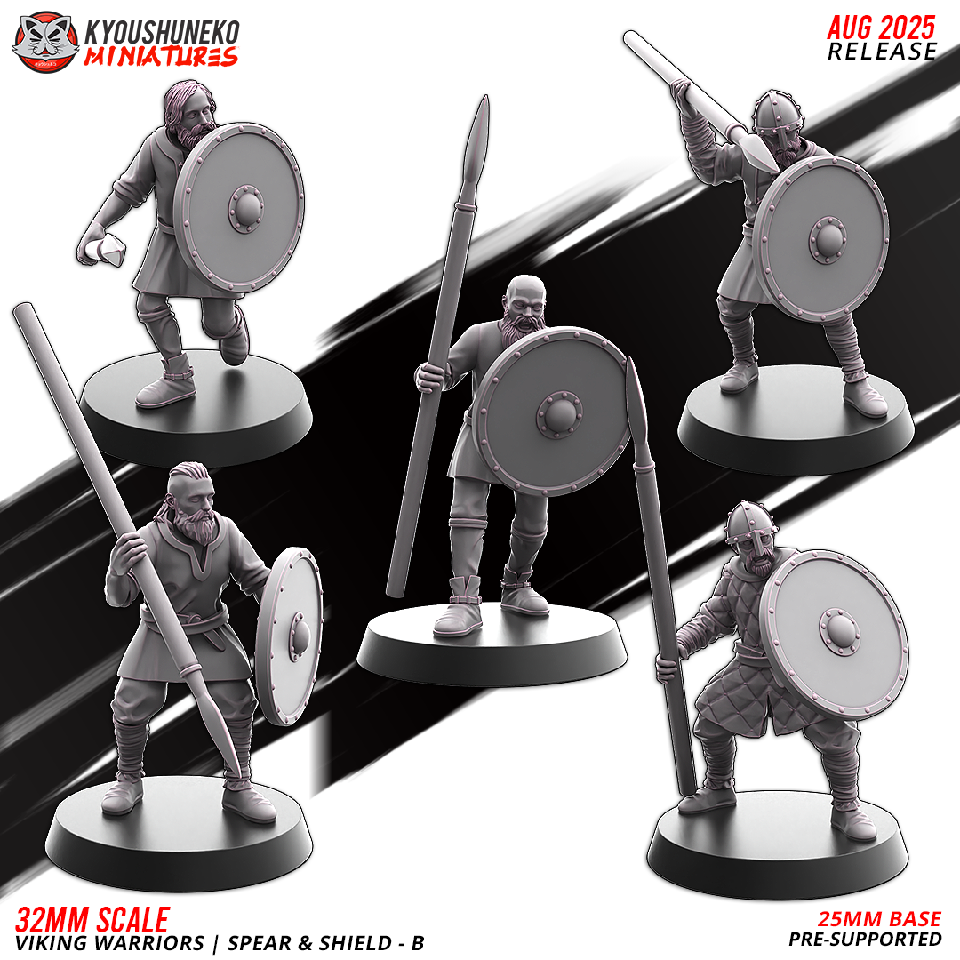 Viking Warriors with Spear and Shield, five sculpts of set B, designer render by Kyoushuneko Miniatures.