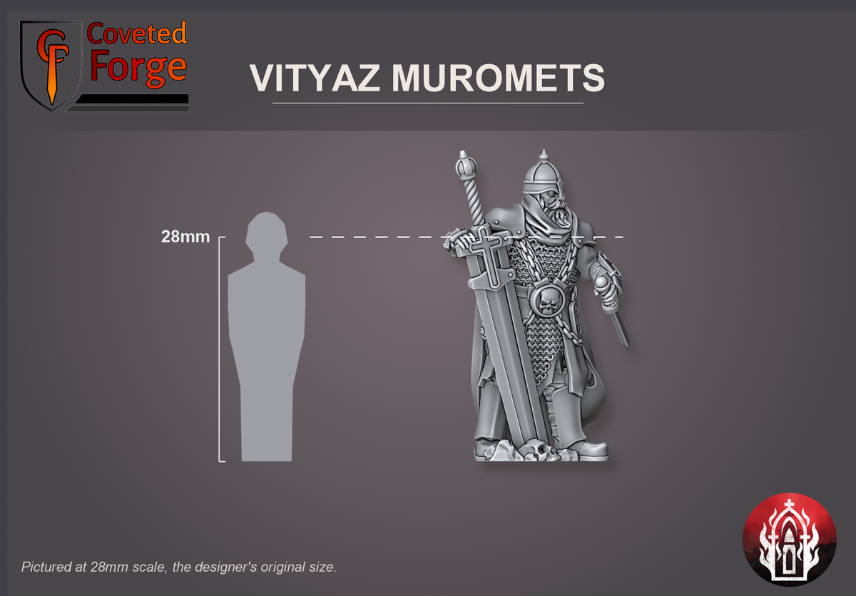 Coveted Forge scale reference: Vityaz Muromets beside a 28mm human silhouette at the designer's original 28mm scale