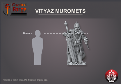 Coveted Forge scale reference: Vityaz Muromets beside a 28mm human silhouette at the designer's original 28mm scale