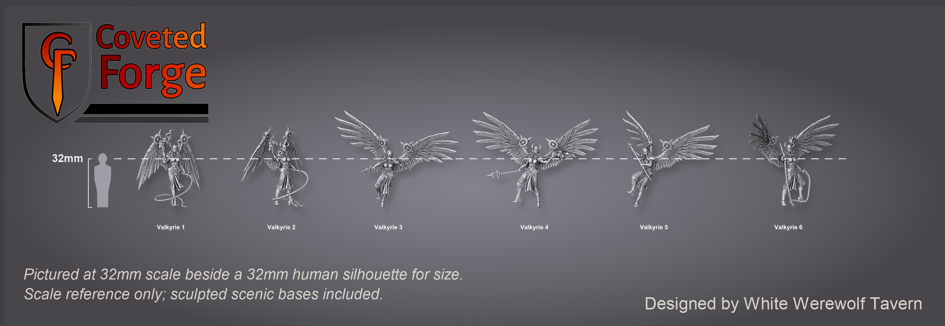Valkyries scale lineup, six models beside a 32mm human silhouette