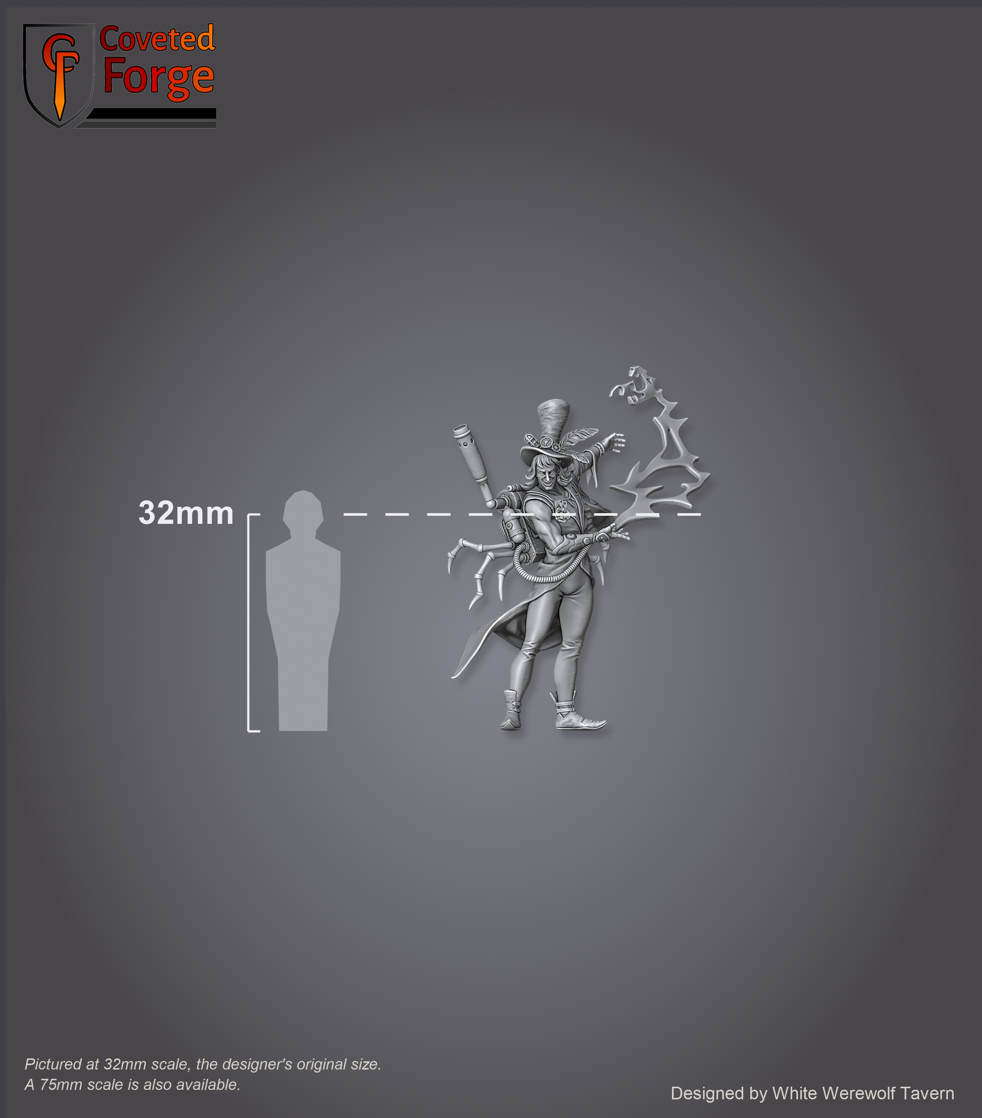 Scale reference: Voltaire Vox at 32mm scale beside a 32mm human silhouette