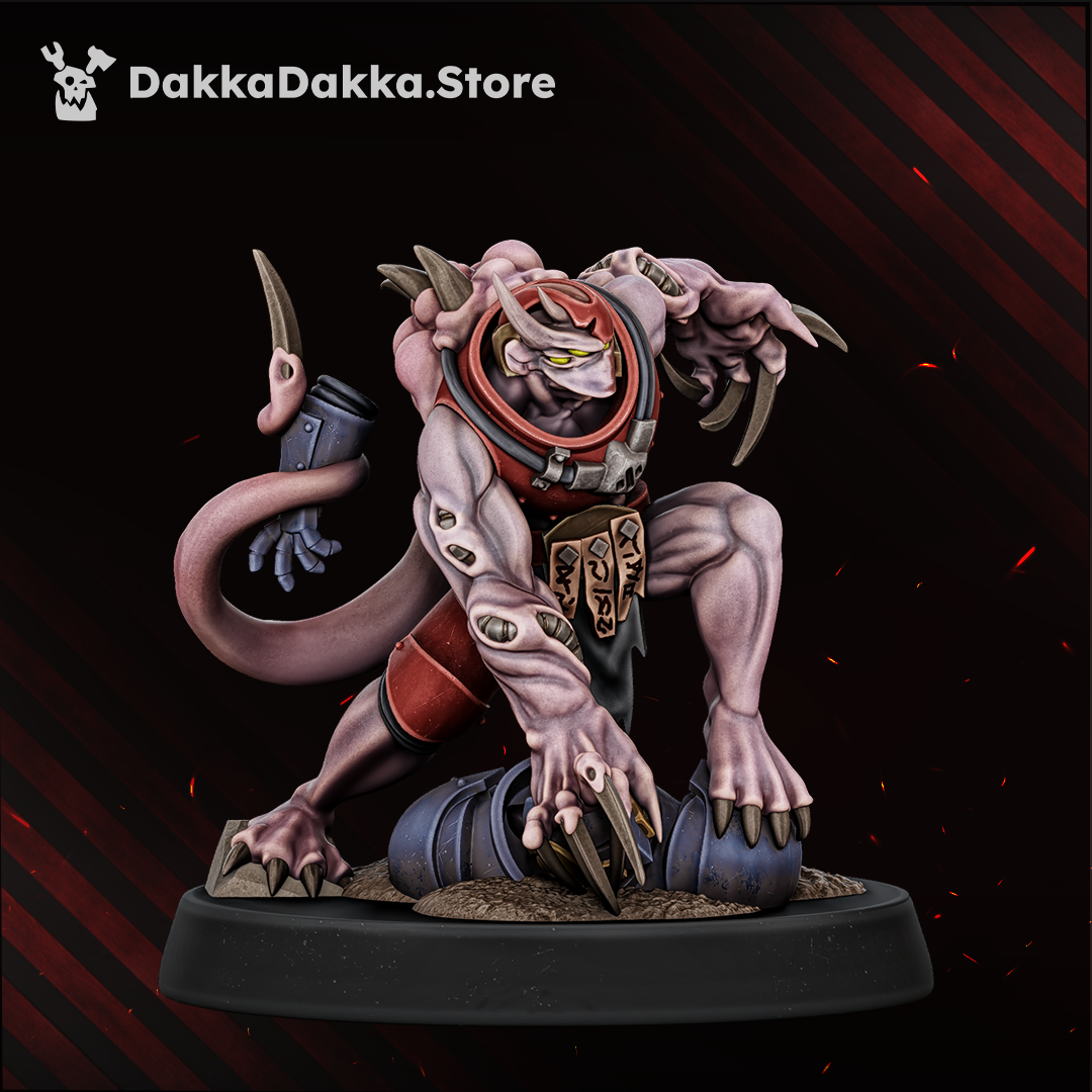Vortex-Blessed Model 2, clawed mutant on a barrel and rubble base, Dakka Dakka Store render