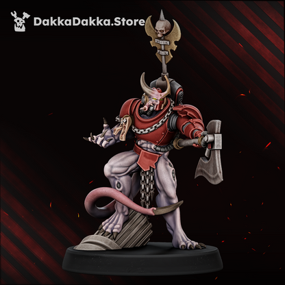 Vortex-Blessed Model 5, horned mutant with axe and skull standard, Dakka Dakka Store render