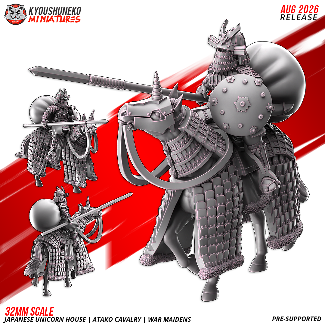 Atako Cavalry War Maiden, a mounted female samurai with spear, round shield and horo cloak on a barded horse, 3D printed resin miniature by Kyoushuneko.