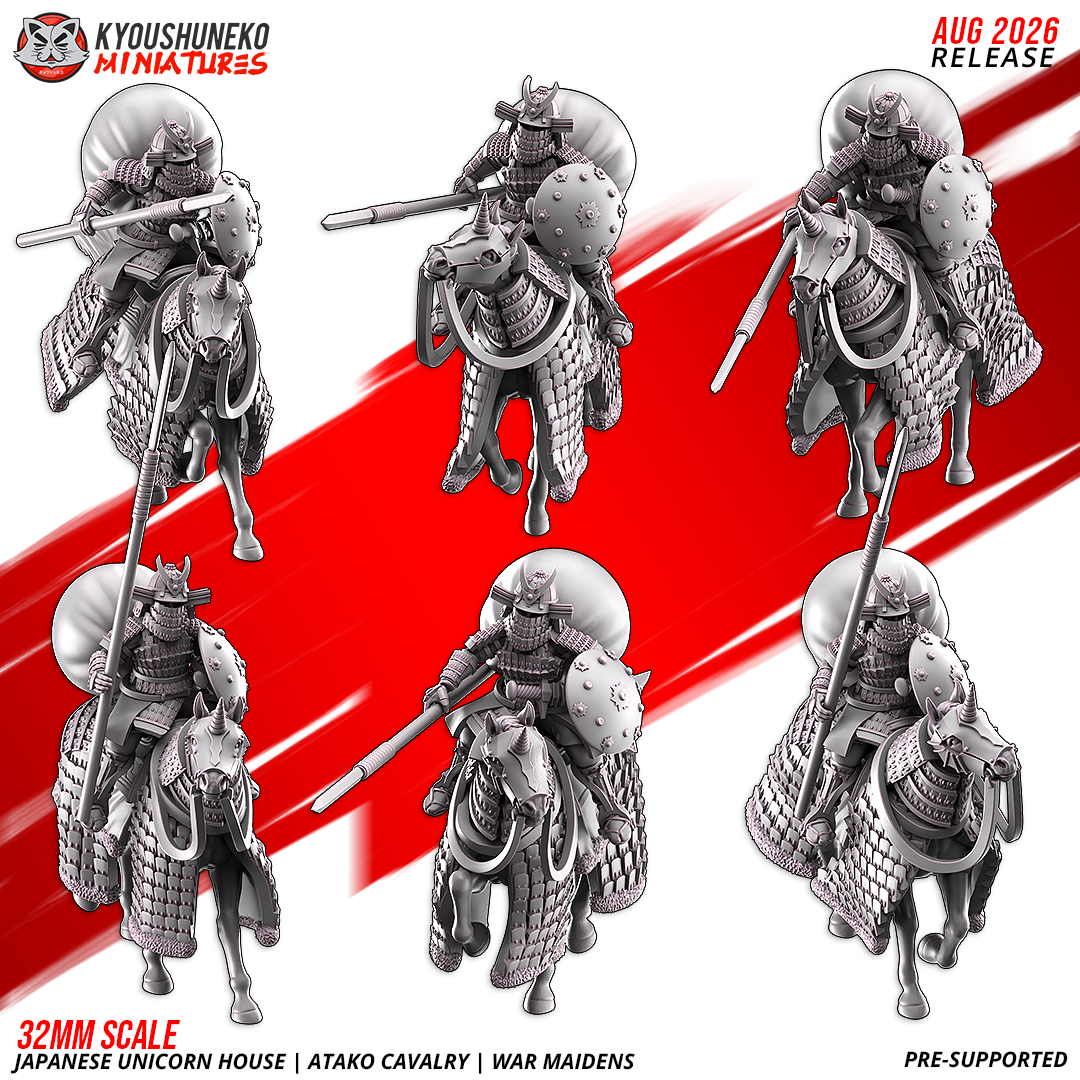 Atako Cavalry War Maidens, the designer's sheet of all six mounted riders with spears, shields and horo cloaks, by Kyoushuneko.