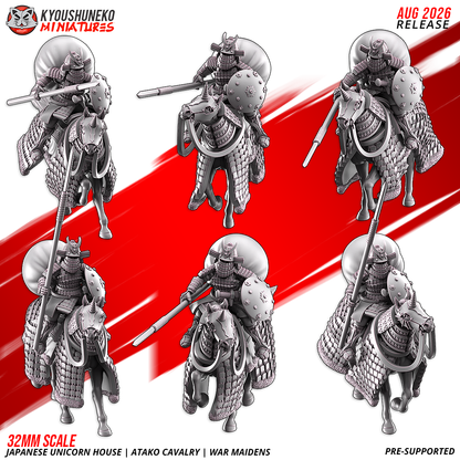 Atako Cavalry War Maidens, the designer's sheet of all six mounted riders with spears, shields and horo cloaks, by Kyoushuneko.