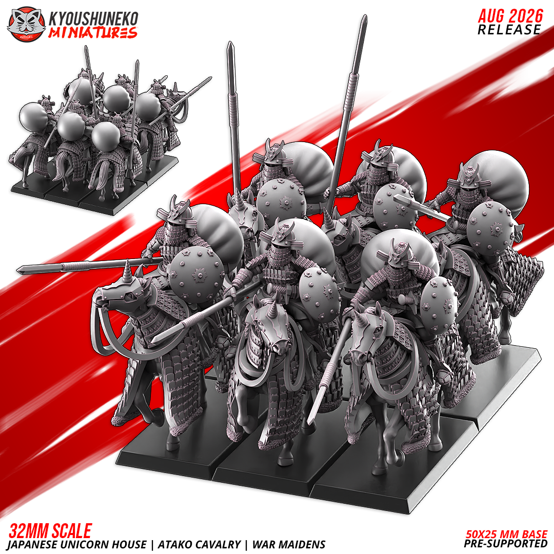 Atako Cavalry War Maidens ranked as a unit of six on 50 x 25 mm bases at 32mm, by Kyoushuneko.