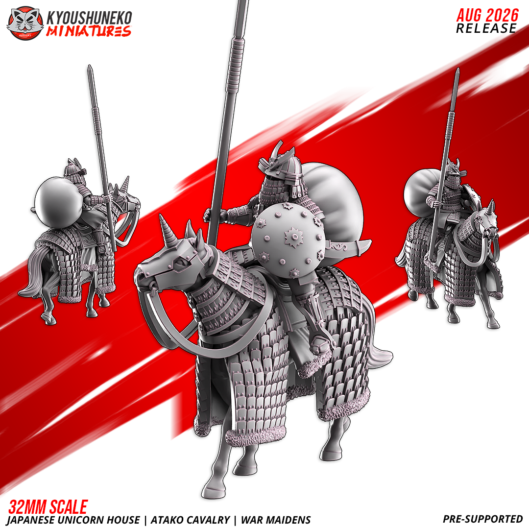 Atako Cavalry War Maiden with spear upright and horo cloak, front, rear and side views, by Kyoushuneko.