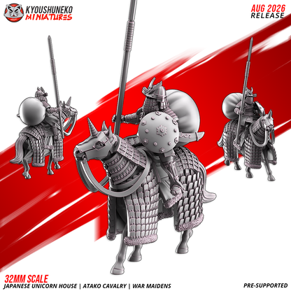 Atako Cavalry War Maiden with spear upright and horo cloak, front, rear and side views, by Kyoushuneko.