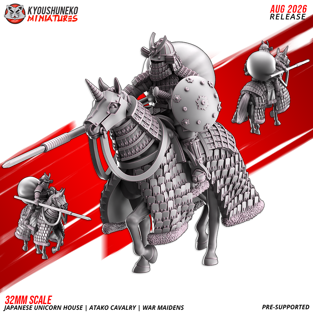 Atako Cavalry War Maiden with couched spear and round shield, front and rear views, by Kyoushuneko.