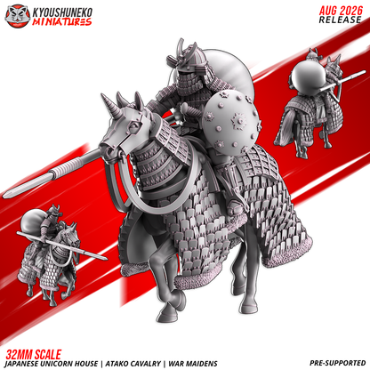 Atako Cavalry War Maiden with couched spear and round shield, front and rear views, by Kyoushuneko.