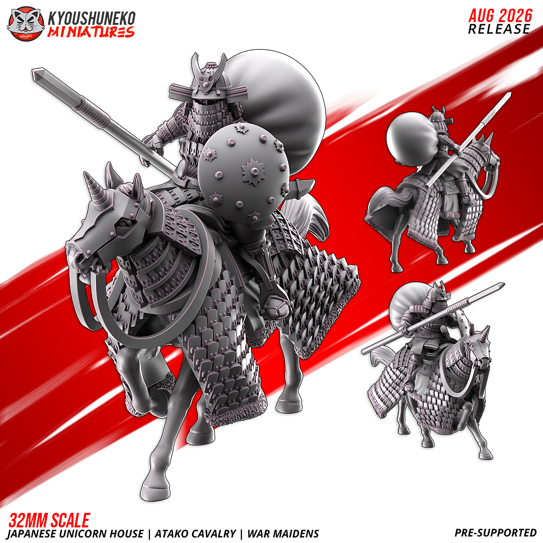 Atako Cavalry War Maiden with levelled spear and horo cloak on a barded horse, three views, by Kyoushuneko.
