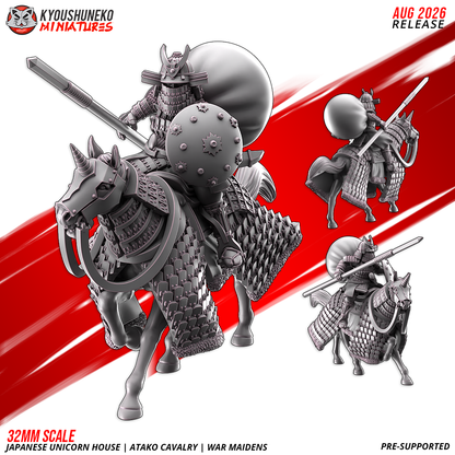 Atako Cavalry War Maiden with levelled spear and horo cloak on a barded horse, three views, by Kyoushuneko.