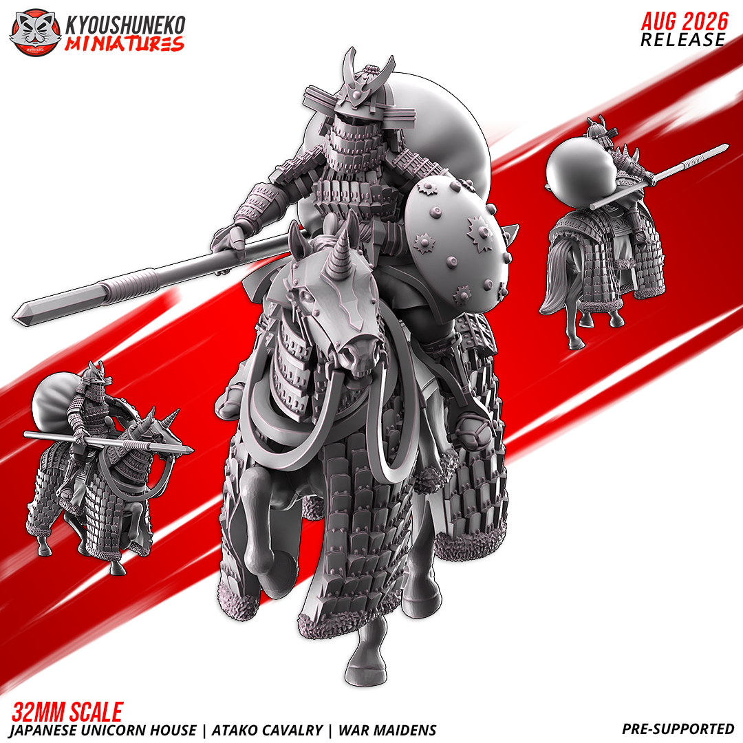 Atako Cavalry War Maiden charging with spear and shield, front and rear views, by Kyoushuneko.