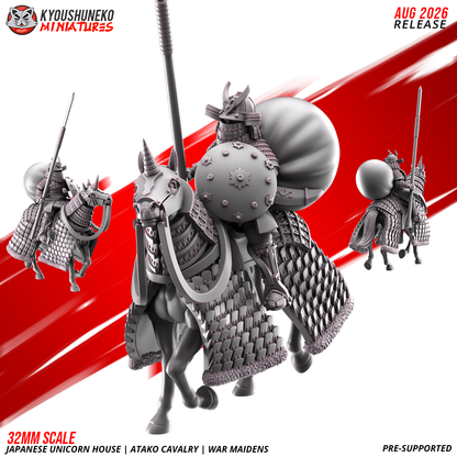 Atako Cavalry War Maiden with raised spear, shield and horo cloak, three views, by Kyoushuneko.